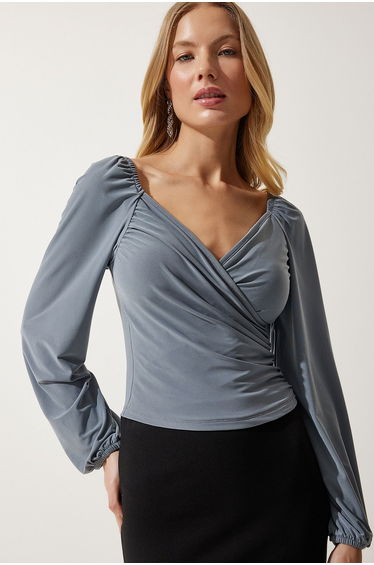 Women's Gray Elastic Balloon Sleeve Sandy Knitted Blouse