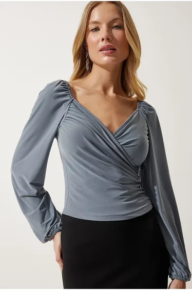 Women's Gray Elastic Balloon Sleeve Sandy Knitted Blouse