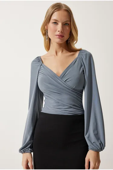 Women's Gray Elastic Balloon Sleeve Sandy Knitted Blouse