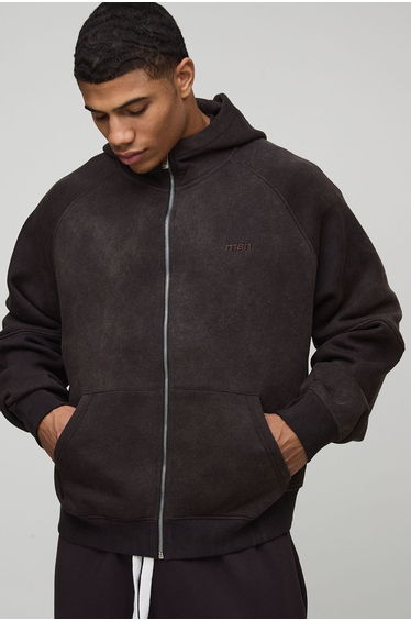 Oversized Boxy Zip Through Funnel Neck Raglan Hoodie - chocolate