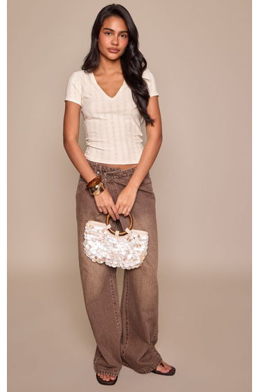 Cream Pointelle V Neck Detail Short Sleeve T-Shirt