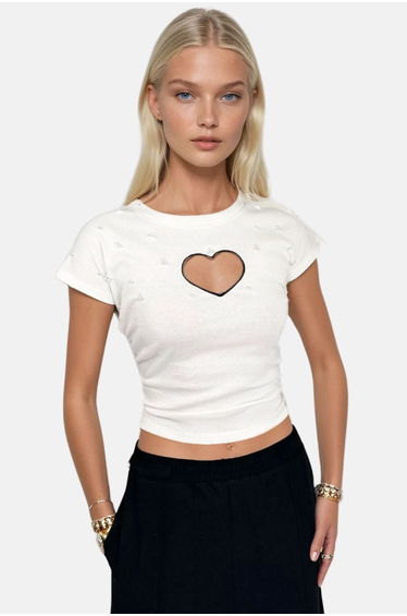 Women's Ecru Crew Neck Heart Embroidered Pearl Embroidered Blouse
