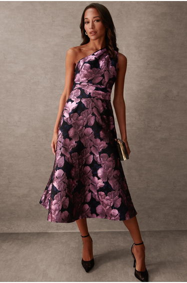 Luxe One Shoulder Jacquard Midi Dress