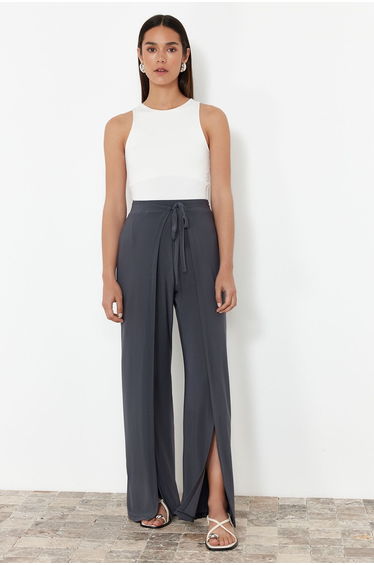 Anthracite Tie Detail Slit Flexible Trousers