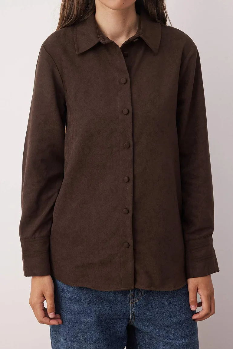 Dark Brown Regular Fit Suede Shirt - 2