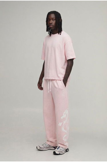 Balloon Fit Dragon Printed Washed Joggers - pink