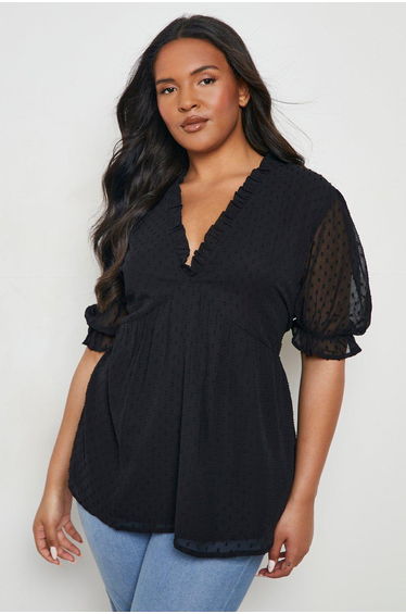 Plus Ruffle Dobby Peplum Top - black
