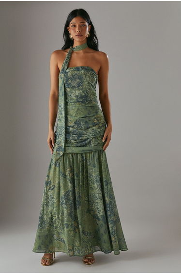 Chiffon Neck Tie Bandeau Ruched Maxi Dress