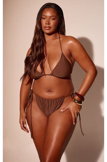 Plus Brown Basic Tanga Tie Side Bikini Bottoms