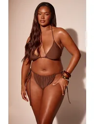 Plus Brown Basic Tanga Tie Side Bikini Bottoms