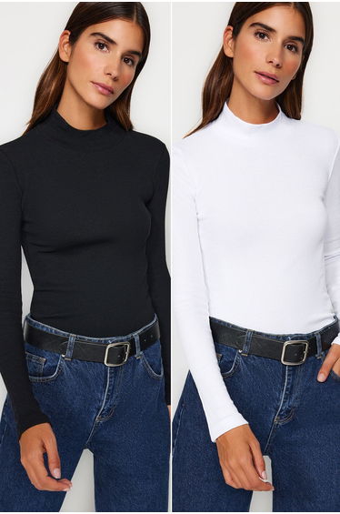 Black-White 2 Pack Ribbed Stand Collar Fitted Long Sleeve Stretchy Knitted Blouse