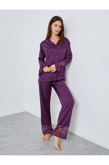 Matte Satin Lace Detail Shirt and Pyjama Set