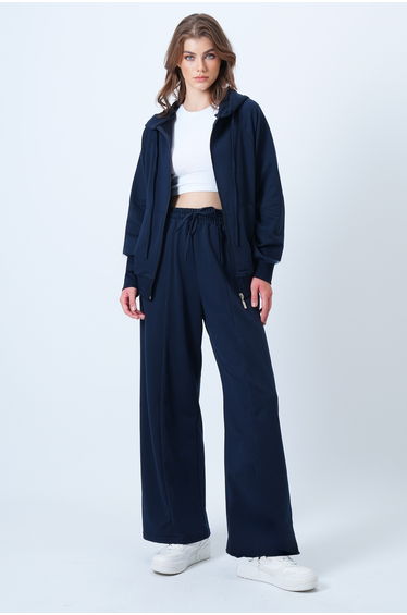 Women's navy blue hooded zip-up jacket and high-waisted wide leg pants set