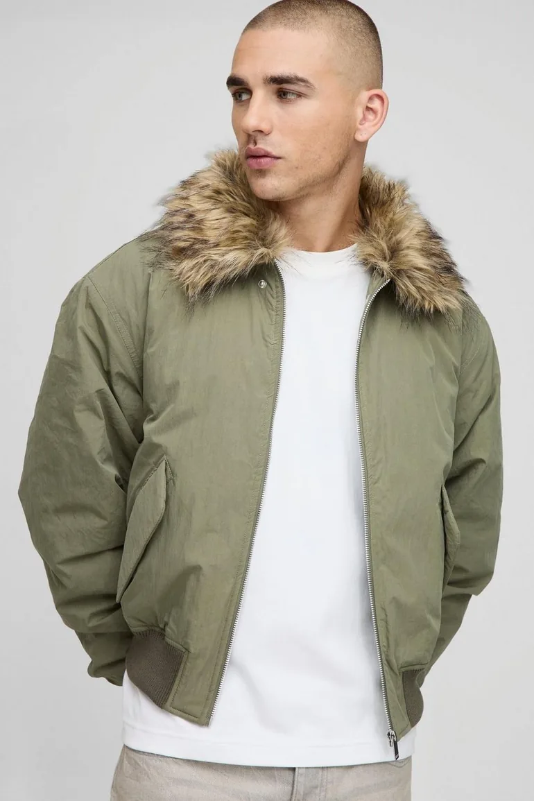 Regular Fit Faux Fur Collar Nylon Bomber Jacket - khaki