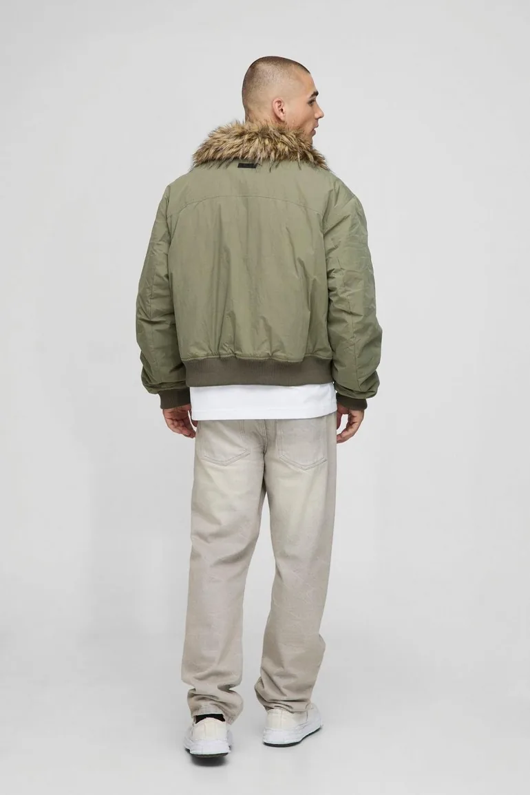 Regular Fit Faux Fur Collar Nylon Bomber Jacket - khaki - 1
