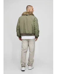 Regular Fit Faux Fur Collar Nylon Bomber Jacket - khaki - 1