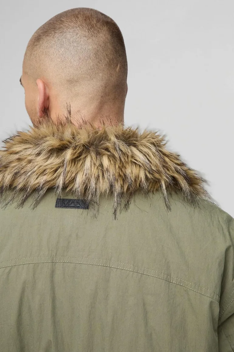 Regular Fit Faux Fur Collar Nylon Bomber Jacket - khaki - 2
