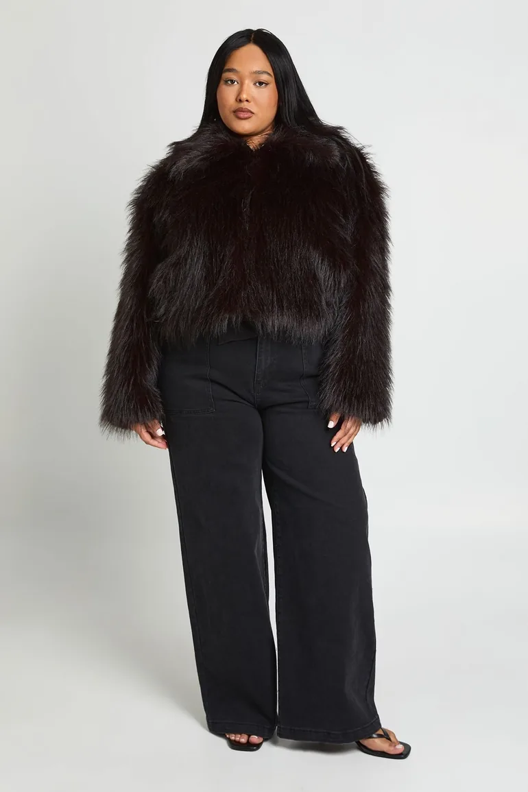Plus Faux Fur Collared Jacket - chocolate