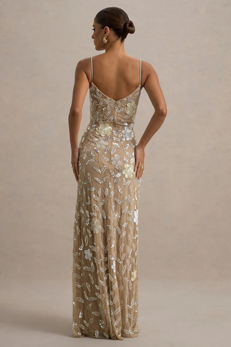 فستان ماكسي بحمالات رفيعة مزين بأحجار بنقشة أزهار مزين بأحجار - 4