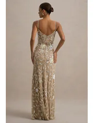 فستان ماكسي بحمالات رفيعة مزين بأحجار بنقشة أزهار مزين بأحجار - 4