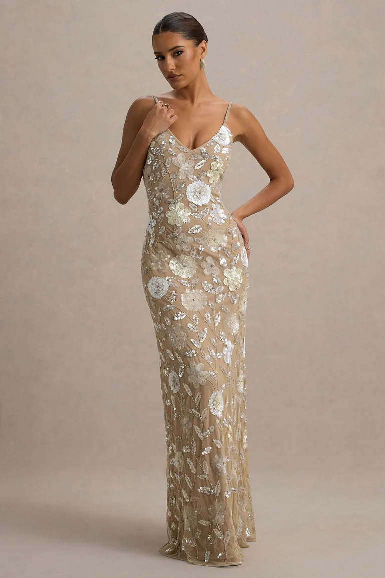 فستان ماكسي بحمالات رفيعة مزين بأحجار بنقشة أزهار مزين بأحجار - 3