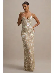 فستان ماكسي بحمالات رفيعة مزين بأحجار بنقشة أزهار مزين بأحجار - 3