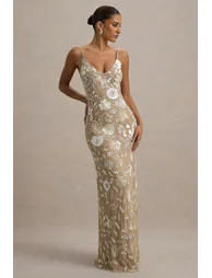 فستان ماكسي بحمالات رفيعة مزين بأحجار بنقشة أزهار مزين بأحجار