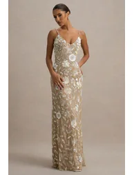 فستان ماكسي بحمالات رفيعة مزين بأحجار بنقشة أزهار مزين بأحجار - 2