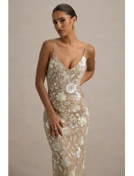 فستان ماكسي بحمالات رفيعة مزين بأحجار بنقشة أزهار مزين بأحجار - 1