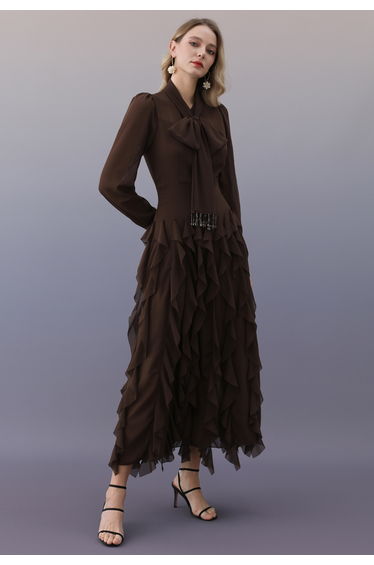 Beaded Tassel Bowknot Cascade Ruffle Chiffon Maxi Dress in Chocolate