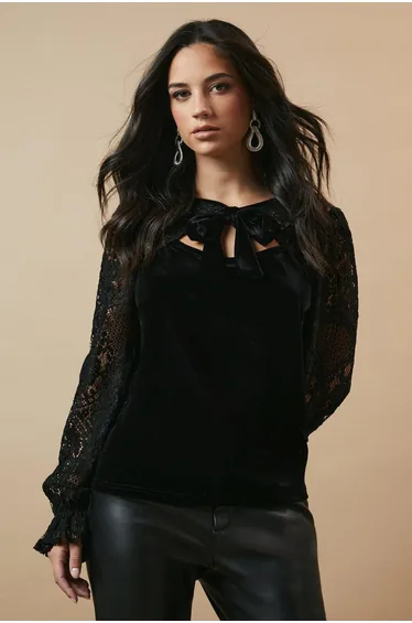 Lace Sleeve Velvet Tie Neck Blouse