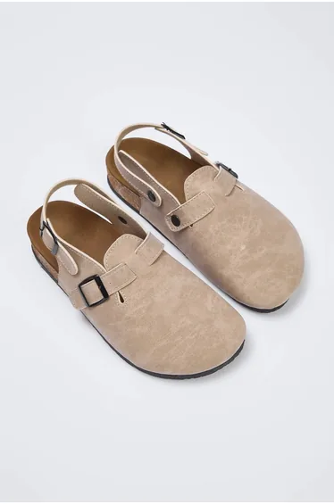 Beige Buckle Detailed Nubuck Sabo Women's Sandals