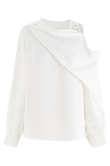 Asymmetric Cold-Shoulder Drape Satin Top in White