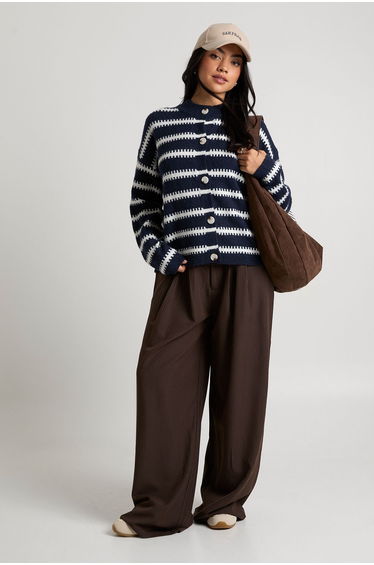 Super Soft Stripe High Neck Button Through Cardigan