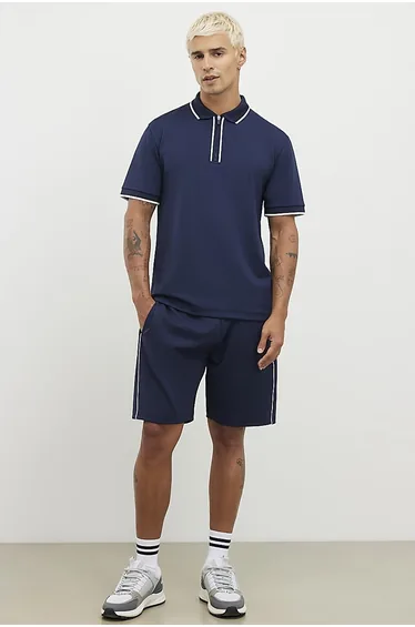 Navy Slim Fit Textured Zip Tipped Polo Shirt