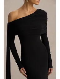 Octavia | Black Bardot-Neck Maxi Dress With Cape And Ruched Detailing - 3
