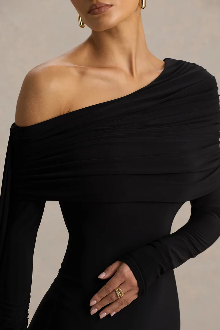 Octavia | Black Bardot-Neck Maxi Dress With Cape And Ruched Detailing - 4