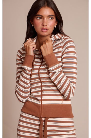 Light Brown Stripe Zip Up Fitted Track Top