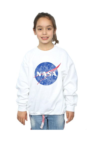 NASA Girls Distressed Logo Cotton Sweatshirt - White