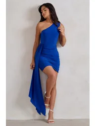 Charlie | Cobalt Blue One Shoulder Ruched Mini Dress With Statement Drape - 4