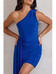 Charlie | Cobalt Blue One Shoulder Ruched Mini Dress With Statement Drape - 3