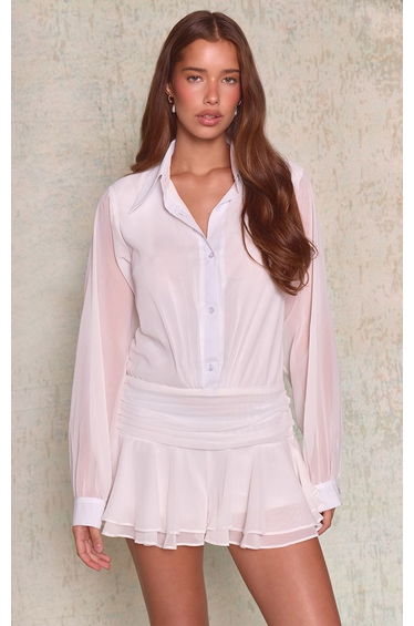 White Chiffon Long Sleeve Shirt Playsuit