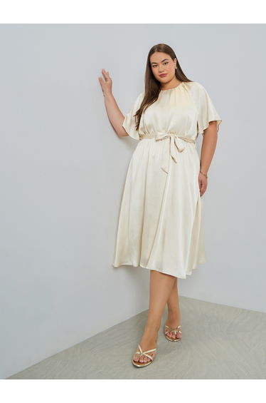 Plus Size Satin Midi Dress with Tie-Belt