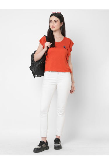 Women Orange Embellished Bird Detail Ruffled Sleeves T-Shirt
