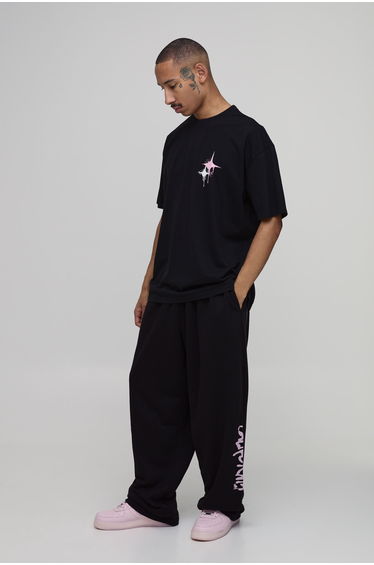 Balloon Fit Contrast Stitch California Printed Loopback Jogger - black