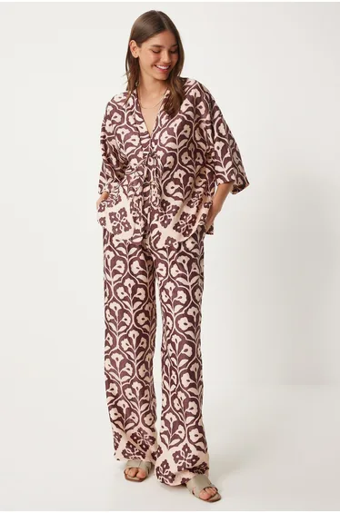 Women's Plum Cream Patterned Viscose Tied Blouse Palazzo Suit