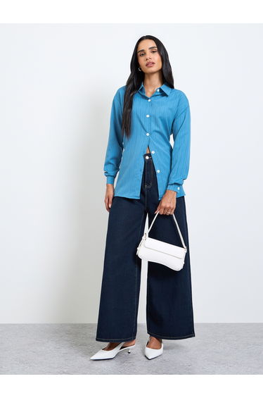 Blue Longline Shirt with Tie-Back Detail