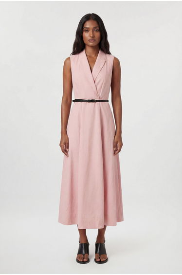 Premium Viscose Linen Tailored Belted Full Skirted Midi Dress