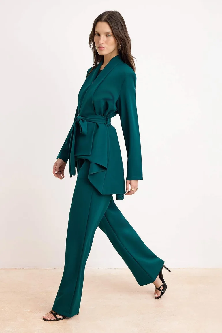 Emerald Green Belt Detailed Woven Jacket - Trouser Bottom - Top Set - 1