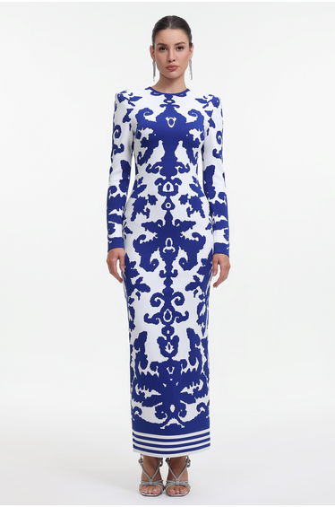 Round Neck Long Sleeve Jacquard Bandage Maxi Dress